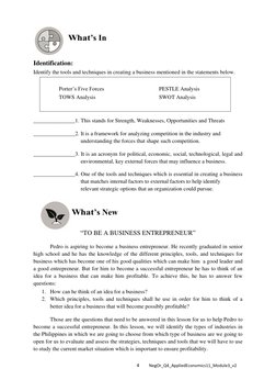 4 
 
NegOr_Q4_AppliedEconomics11_Module3_v2 
 
 
 
Identification: 
Identify the tools and techniques in creating a business