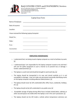 Laptop Issue Form 
Name of Employee:  ________________________________________________________ 
Date of issuance: 
______