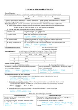 1: CHEMICAL REACTION & EQUATION 
 
Chemical Reaction:  
The transformation of chemical substance into another chemical subs