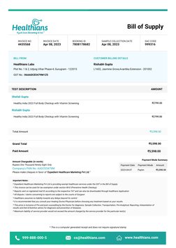 Bill of Supply
BILL FROM
Healthians Labs
Plot No. 1 & 2, Udyog Vihar Phase-4, Gurugram - 122015
GST No.: 06AADCE5479M1Z5
CUST