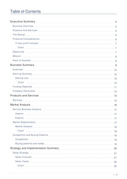 Table of Contents
Executive Summary
4
Business Overview
5
Products And Services
6
The Market
6
Financial Considerations
6
3 Y