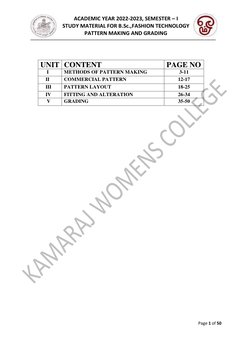 ACADEMIC YEAR 2022-2023, SEMESTER – I 
STUDY MATERIAL FOR B.Sc.,FASHION TECHNOLOGY 
PATTERN MAKING AND GRADING 
-------------