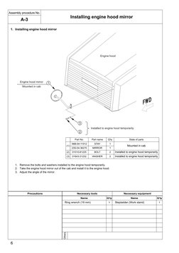 6
1. Installing engine hood mirror
1.
Remove the bolts and washers installed to the engine hood temporarily.
2.
Take the engi