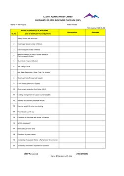 AASTHA ALUMINA PRIVET LIMITED
CHECKLIST FOR ROPE SUSPENDED PLATFORM (RSP)
Name of the Project:
Make/ model:
Ref-Aastha-HSE-CL