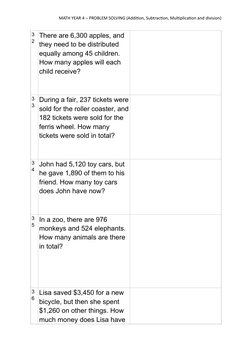 MATH YEAR 4 – PROBLEM SOLVING (Addition, Subtraction, Multiplication and division)
3
2 There are 6,300 apples, and 
they need