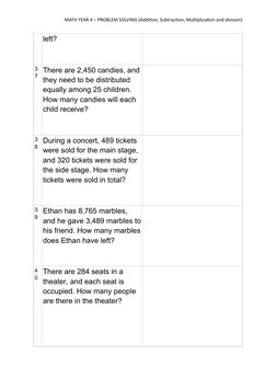 MATH YEAR 4 – PROBLEM SOLVING (Addition, Subtraction, Multiplication and division)
left?
3
7 There are 2,450 candies, and
the
