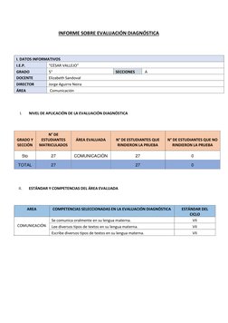 INFORME SOBRE EVALUACIÓN DIAGNÓSTICA 
  
 
 
I. DATOS INFORMATIVOS  
I.E.P.  
“CÉSAR VALLEJO” 
GRADO    
5° 
SECCION
