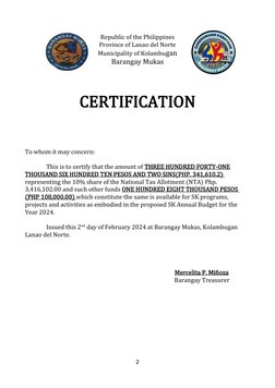 Republic of the Philippines
Province of Lanao del Norte
Municipality of Kolambugan
Barangay Mukas
CERTIFICATION
To whom it ma