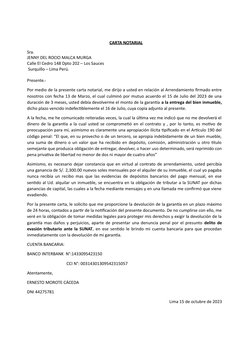 CARTA NOTARIAL
Sra. 
JENNY DEL ROCIO MALCA MURGA
Calle El Cedro 148 Dpto 202 – Los Sauces
 Surquillo – Lima Perú. 
Presente.-