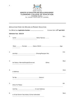 Tlokweng College Application Form 2025 | PDF