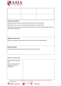 Page No: 10
Resource requirements
What financial resources are required for the Business Plan to be implemented?
What physica