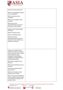 Page No: 6
position and brand awareness? 
What are the geographic locations 
of your competitors?
What is the pricing of your