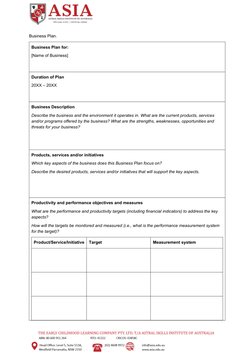 Page No: 9
Business Plan.
Business Plan for: 
[Name of Business]
Duration of Plan
20XX – 20XX
Business Description
Describe t