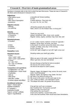 7    CEC 6 Ym
Crescent 6 - Overview of main grammatical areas
Adjectives
- order before nouns
- after be
- after verbs of per