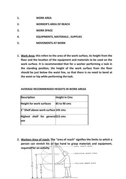 1.
WORK AREA
2.
WORKER’S AREA OF REACH
3.
WORK SPACE
4.
EQUIPMENTS, MATERIALS , SUPPLIES
5.
MOVEMENTS AT WORK
1. Work Area:
