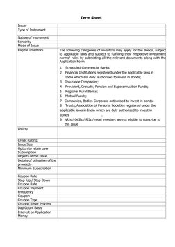 Term Sheet 
 
Issuer 
 
Type of Instrument 
 
Nature of instrument 
 
Seniority 
 
Mode of Issue 
 
Eligible Investors