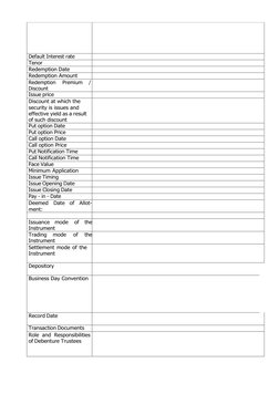 Default Interest rate 
 
Tenor 
 
Redemption Date 
 
Redemption Amount 
 
Redemption 
Premium 
/ 
Discount 
 
Issue
