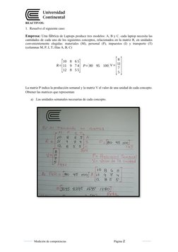 REACTIVOS:
1. Resuelve el siguiente caso:
Empresa: Una fábrica de Laptops produce tres modelos: A, B y C. cada laptop necesit