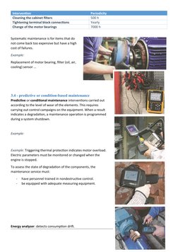 Intervention
Periodicity
Cleaning the cabinet filters
500 h
Tightening terminal block connections
Yearly
Change of the motor