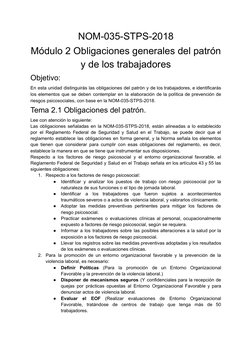 NOM-035-STPS-2018
Módulo 2 Obligaciones generales del patrón
y de los trabajadores
Objetivo:
En esta unidad distinguirás las