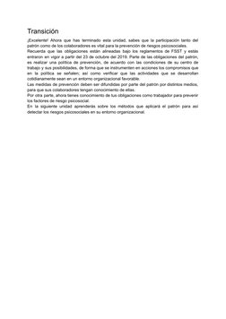 Transición
¡Excelente! Ahora que has terminado esta unidad, sabes que la participación tanto del
patrón como de los colaborad