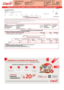 Claro NXT Telecomunicações S.A
NOTA FISCAL DE SERVIÇOS DE COMUNICAÇÃO - MOD 21  - VIA ÚNICA - SERIE D01
Rua Heitor Stockler d