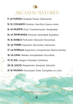 ARCANOS MAYORES
11. LA FUERZA:
12. EL COLGADO:
13. LA MUERTE:
14. LA TEMPLANZA:
15. EL DIABLO:
16. LA TORRE:
17. LA ESTRELLA: