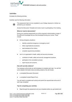 SITXWHS005 Participate in safe work practices 
Activities
Complete the following acti