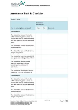 SITXWHS005 Participate in safe work practices 
Assessment Task 1: Checklist 
Student’