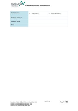 SITXWHS005 Participate in safe work practices 
Task outcome:
◻
Satisfactory 
◻
Not sa