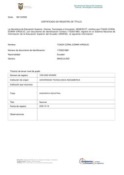 La Secretaría de Educación Superior, Ciencia, Tecnología e Innovación, SENESCYT, certifica que TOAZA CORAL
EDWIN VIRGILIO, co