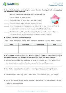 TRANSITION WORDS
Sequence Words
A. Read the instructions for making ice cream. Number the steps 1 to 5 and underline 
the wor