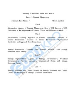University of Rajasthan, Jaipur BBA Part II 
Paper-I - Strategic Management 
Minimum Pass Marks: 36 
 
 
 
 
3 Hours du