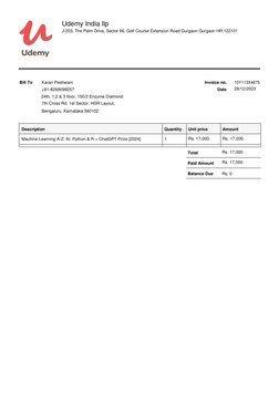 Udemy India llp 
  
J-203, The Palm Drive, Sector 66, Golf Course Extension Road Gurgaon Gurgaon HR 122101