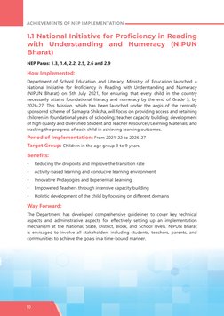 10
ACHIEVEMENTS OF NEP IMPLEMENTATION
1.1 National Initiative for Proficiency in Reading 
with Understanding and Numeracy (NI
