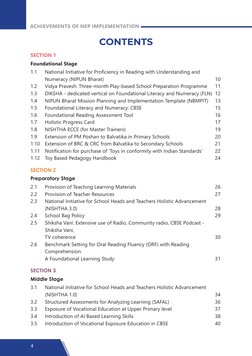 4
ACHIEVEMENTS OF NEP IMPLEMENTATION
CONTENTS
SECTION 1	
Foundational Stage
1.1	
National Initiative for Proficiency in Readi