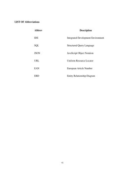 vi 
 
 
LIST OF Abbreviations 
 
 
Abbrev 
Description 
IDE 
Integrated Development Environment 
SQL 
Structured Query Langua