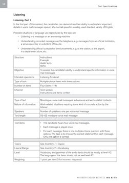 10
Te s t  S p e c i f i c a t i o n s
H A N D B O O K  E N G L I S H  B U S I N E S S  t e l c  A 2 · B 1
Listening
Listenin
