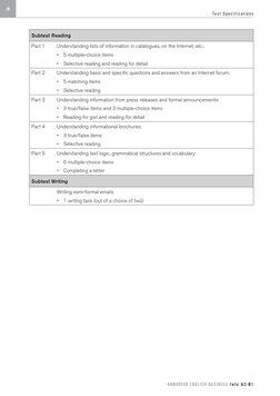 8
Te s t  S p e c i f i c a t i o n s
H A N D B O O K  E N G L I S H  B U S I N E S S  t e l c  A 2 · B 1
Subtest Reading
Par