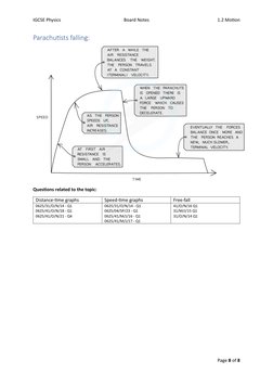 IGCSE Physics 
Board Notes 
1.2 Motion 
Page 8 of 8 
 
Parachutists falling: 
 
Questions related to the topic: 
Distance-tim