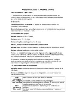 APOYO PSICOLOGICO AL PACIENTE ANCIANO 
ENVEJECIMIENTO Y ANCIANOS 
La gerontología es la ciencia que se encarga de estudiar el