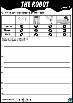 The Robot
C. Write sentences based on the table.
year 2
Lyana
Sarah
Aidil
Example: Aidil can touch his to