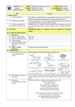Plural Nouns Lesson Plan for Grade 3 | PDF | Plural | English Language