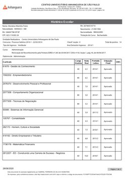 Histórico E scolar
Nome: Brendow Marinho Freire
RA: 267464316710
Naturalidade: MANAUS / AM
Nascimento: 21/09/1994
RG: 5460477