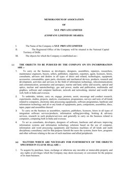 MEMORANDUM OF ASSOCIATION
OF
                                    
XYZ  PRIVATE LIMITED
(COMPANY LIMITED BY SHARES)
 
I.      