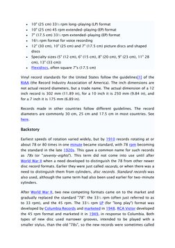 • 
10" (25 cm) 33⅓ rpm long-playing (LP) format  
• 
10" (25 cm) 45 rpm extended-playing (EP) format  
• 
7" (17.5 cm) 33⅓ rp