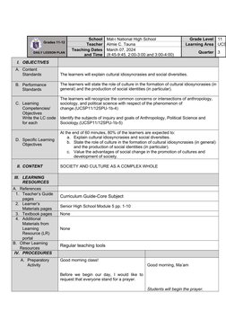 Senior High School Lesson Plan Example | PDF | Learning | Teachers