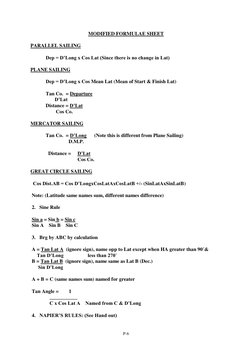 P-6 
 
MODIFIED FORMULAE SHEET 
 
PARALLEL SAILING    
 
Dep = D’Long x Cos Lat (Since there is no change in Lat) 
 
PLANE SA