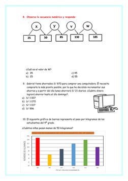 8. Observa la secuencia numérica y responde:
¿Cuál es el valor de W?
a) 35
c) 45
b) 25
d) 55
9. Gabriel tiene ahorrados S/ 87