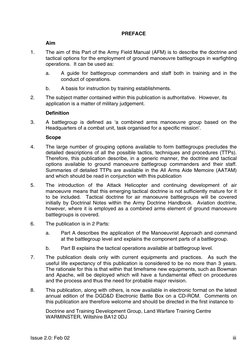 Issue 2.0: Feb 02
iii
PREFACE
Aim
1.
The aim of this Part of the Army Field Manual (AFM) is to describe the doctrine and
tact